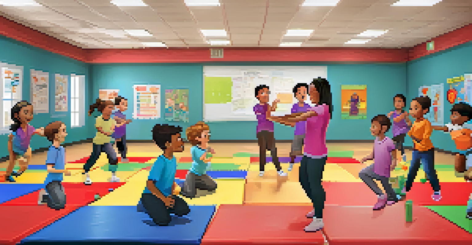 A self-defense class for children at a community center, with an instructor teaching vocal assertiveness techniques and children participating actively.