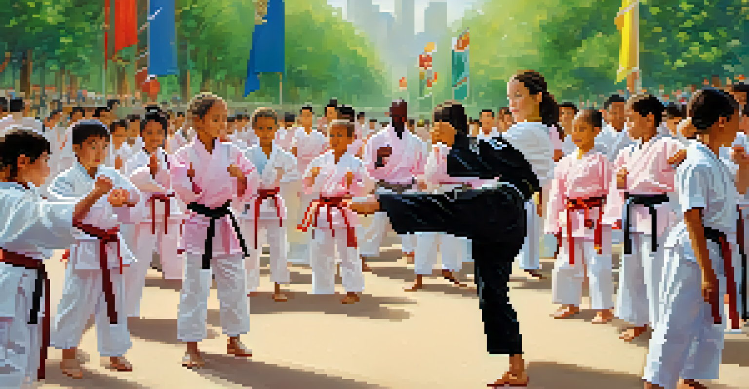A lively community martial arts event in a park, showcasing practitioners demonstrating skills and a supportive atmosphere.