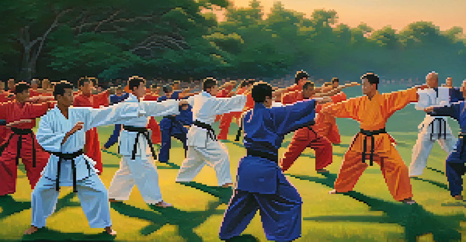 A group of martial artists in colorful gis practicing synchronized movements during sunset, with vibrant colors in the background.