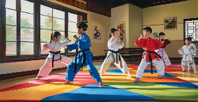 A diverse group of children practicing martial arts in a brightly lit dojo with colorful mats.