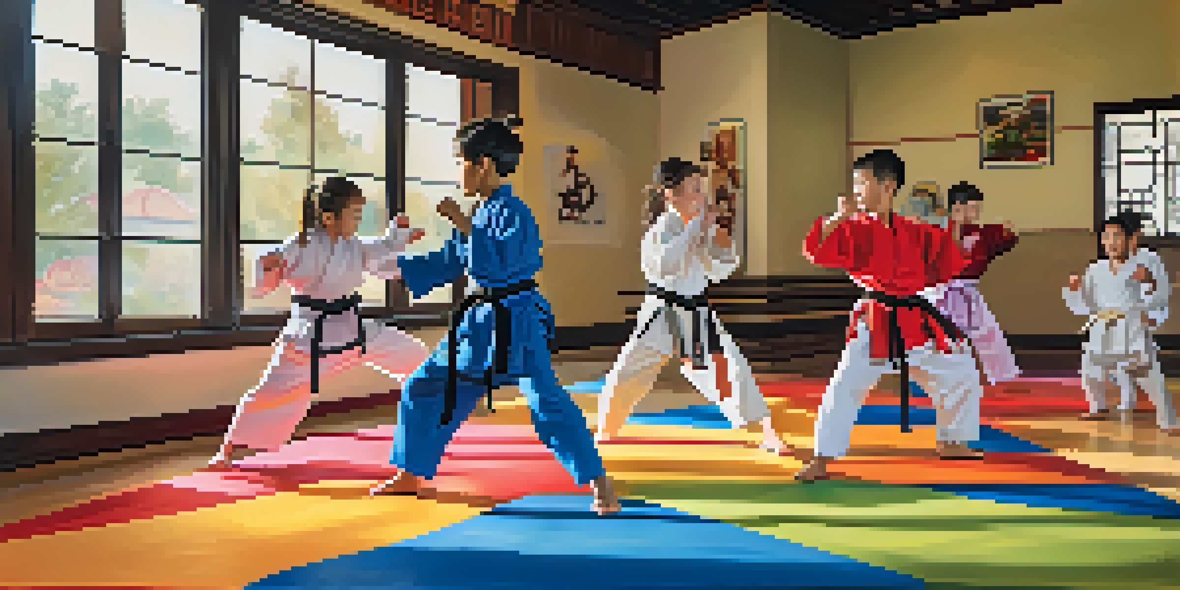 A diverse group of children practicing martial arts in a brightly lit dojo with colorful mats.