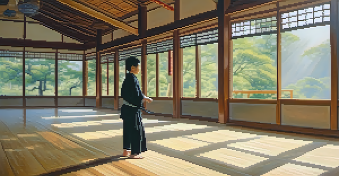A young person practicing tai chi in a bright dojo, with sunlight illuminating the wooden floor and natural greenery visible outside.