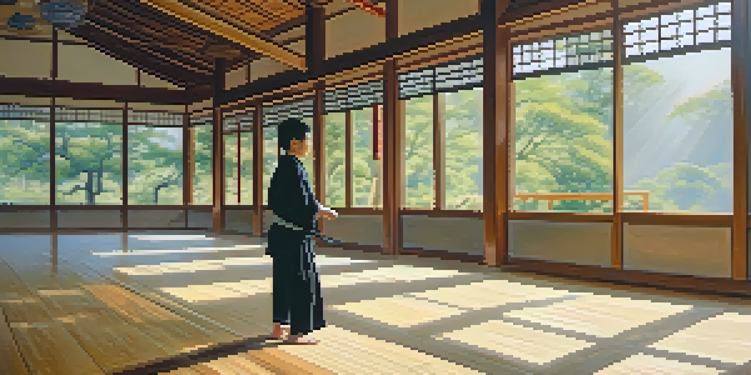 A young person practicing tai chi in a bright dojo, with sunlight illuminating the wooden floor and natural greenery visible outside.