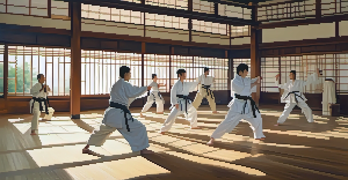 A diverse group of martial arts practitioners practicing Tai Chi in a sunlit dojo, with warm wooden floors and traditional Japanese screens.