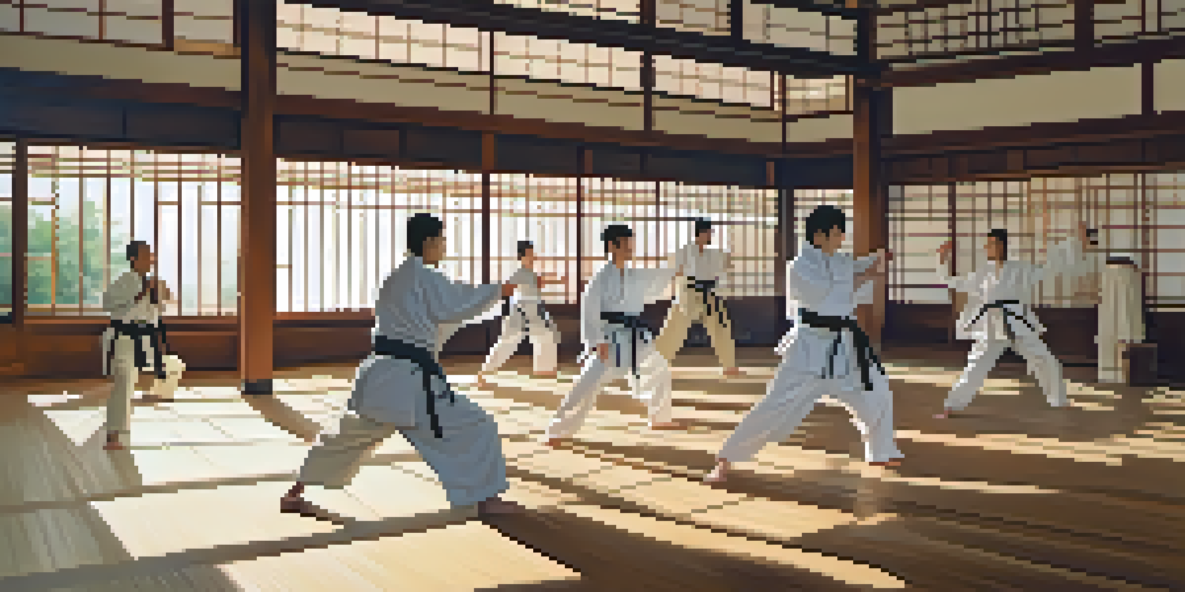 A diverse group of martial arts practitioners practicing Tai Chi in a sunlit dojo, with warm wooden floors and traditional Japanese screens.