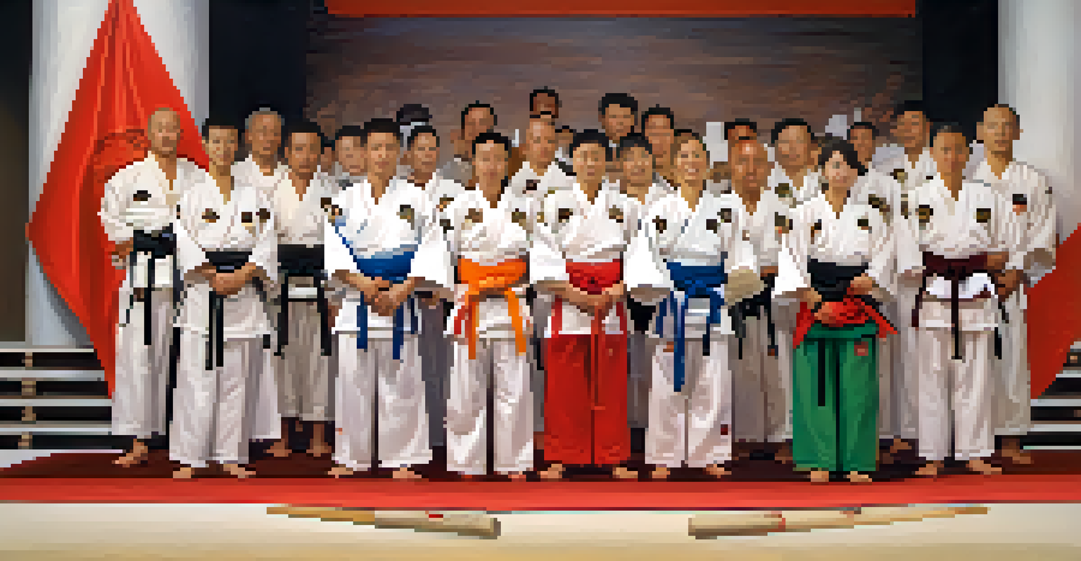 Martial artists participating in a colorful belt promotion ceremony, bowing to each other in a decorated dojo.