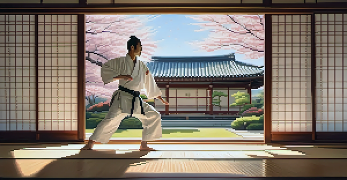 A dojo with sunlight coming through shoji screens, a martial artist in a white gi performing kata, surrounded by cherry blossom petals.