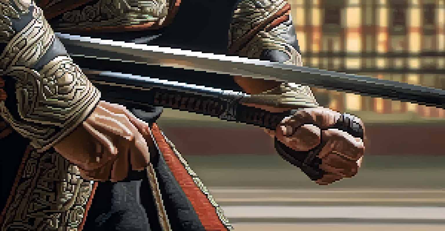Close-up of a martial artist's hand gripping a traditional weapon, highlighting intricate details and a focused expression.