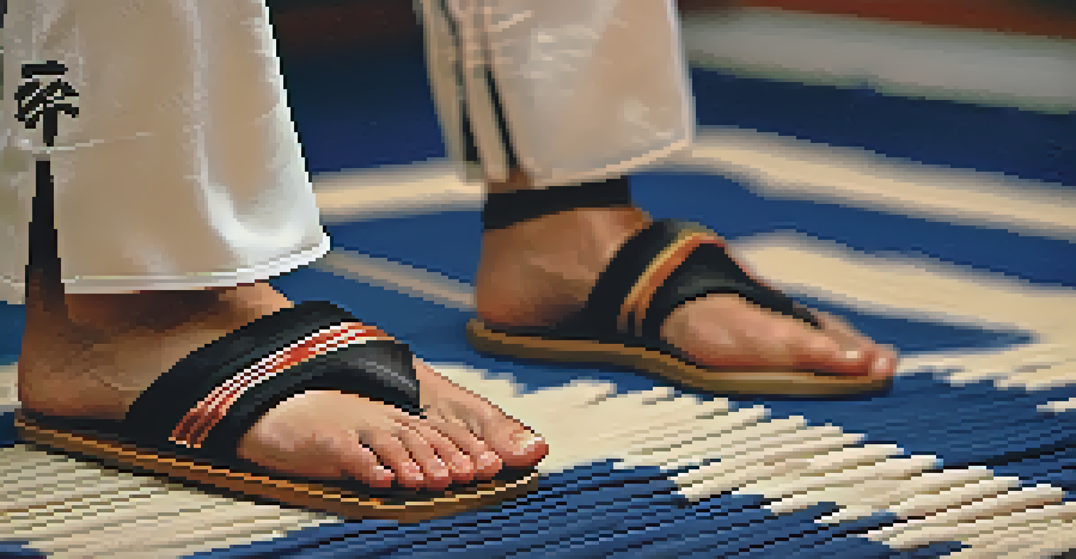 A close-up view of a martial artist's feet on a tatami mat, ready to perform a kick.