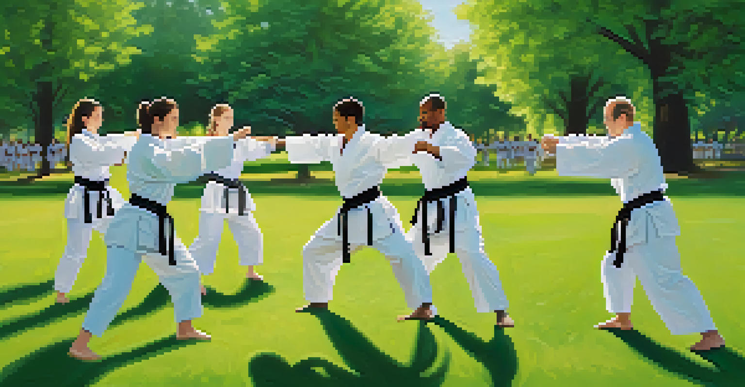 Colleagues engaged in a martial arts self-defense workshop in a sunny park, emphasizing teamwork.