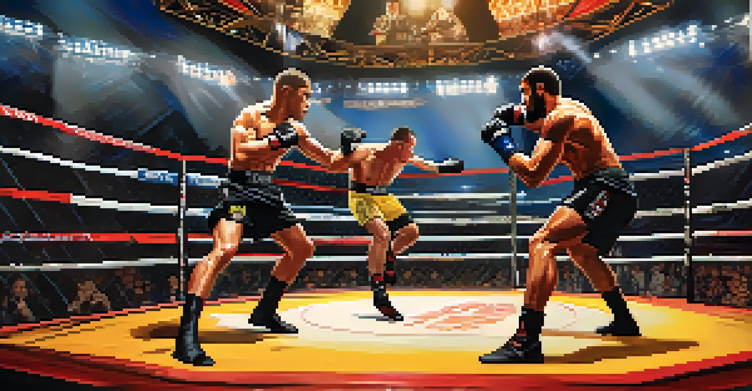 A modern mixed martial arts competition in an octagon cage with fighters in action and fans around.