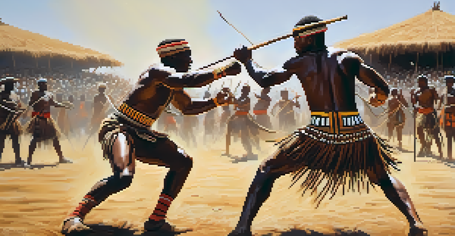 Two fighters engaged in Nguni stick fighting, surrounded by spectators in traditional attire, set in a sunlit arena with earthy tones.