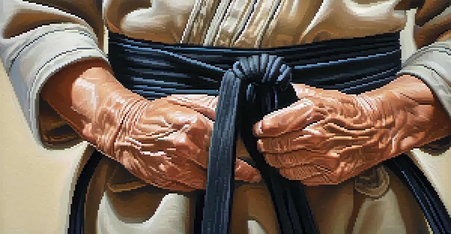 Close-up of a senior tying a martial arts belt, symbolizing achievement and personal growth.
