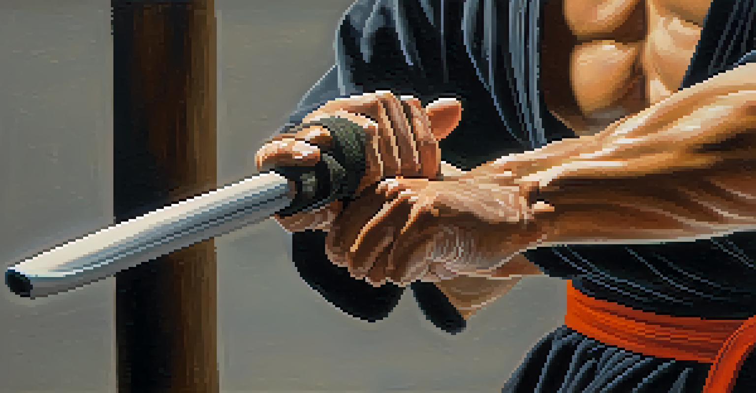 Close-up of a martial artist's hand gripping a training weapon, with a determined expression in the background.