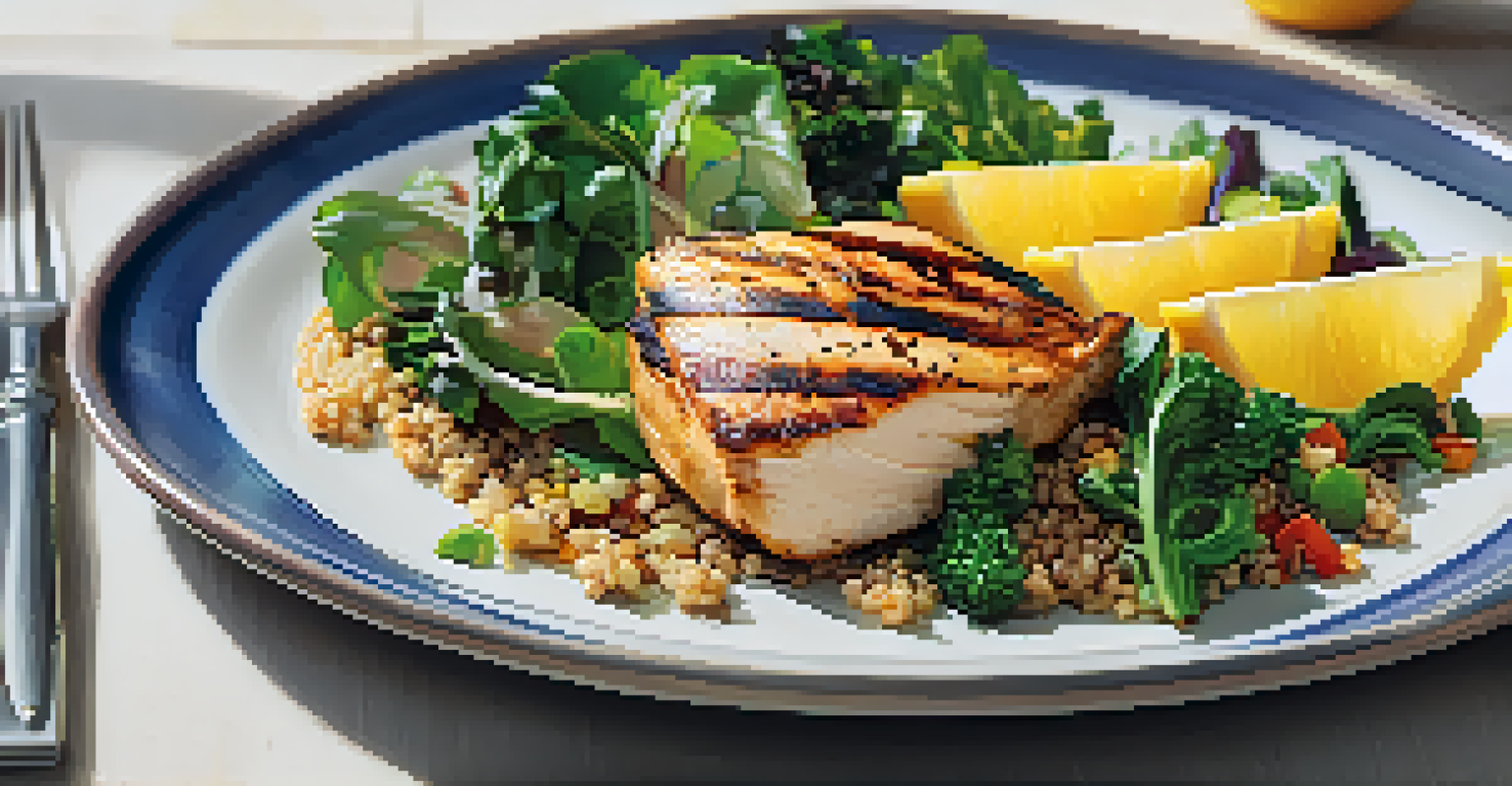 A colorful plate of healthy food featuring greens, chicken, and vegetables with a glass of water.