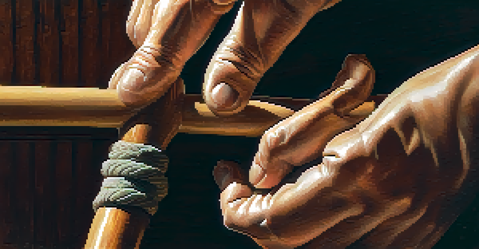 Close-up of a martial artist's hands gripping a wooden training staff with focused expression.