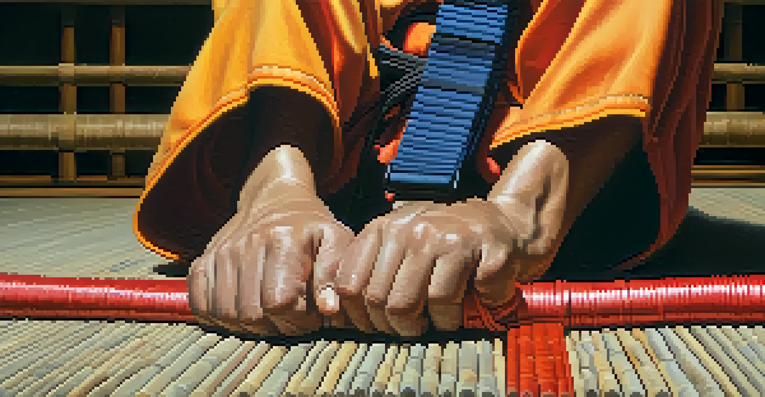 Close-up of hands with a martial arts belt on a tatami mat, symbolizing dedication to training.