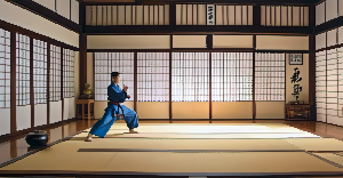 A martial artist practicing in a peaceful dojo, with wooden flooring and natural light coming through the windows.