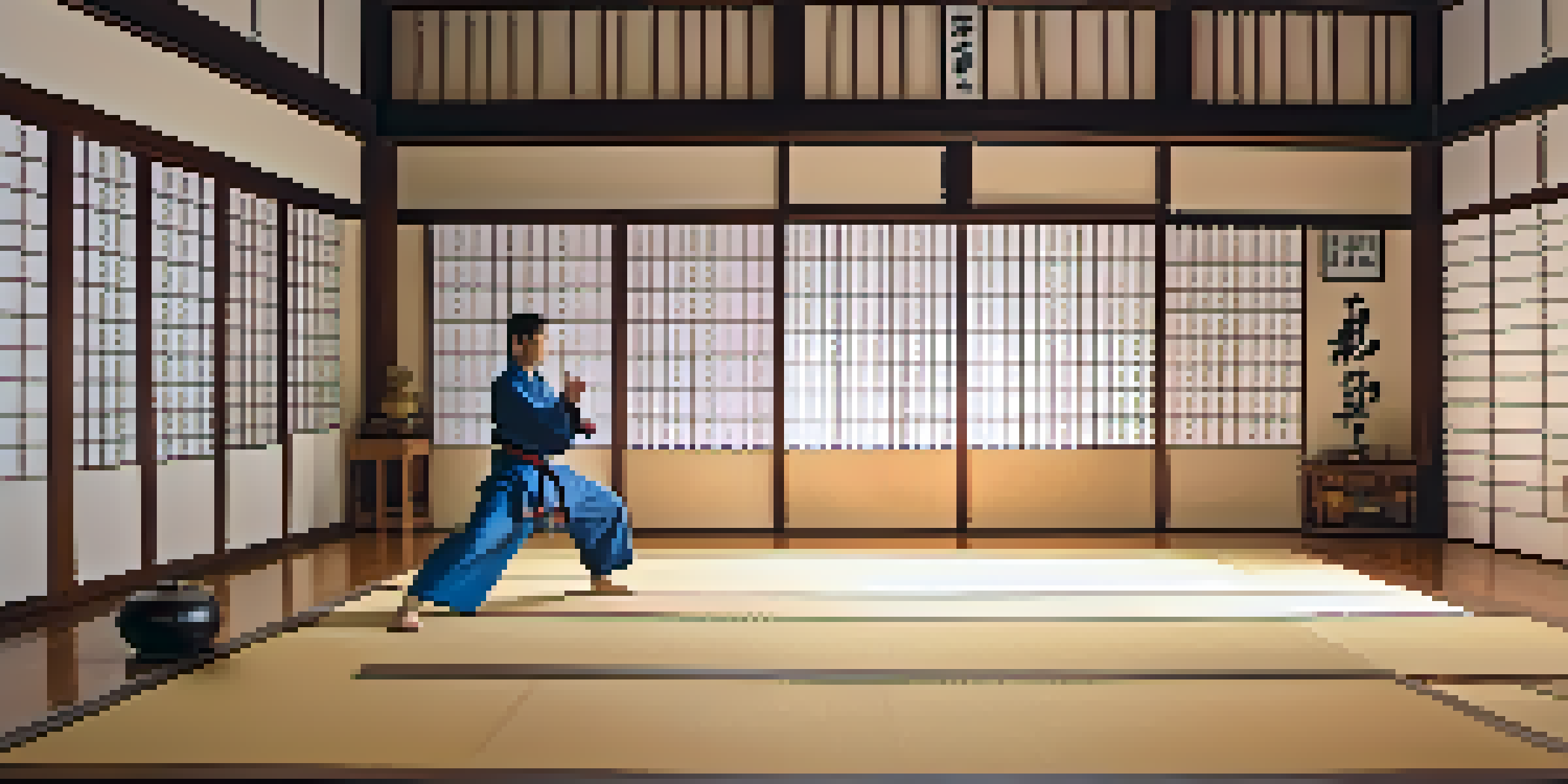 A martial artist practicing in a peaceful dojo, with wooden flooring and natural light coming through the windows.