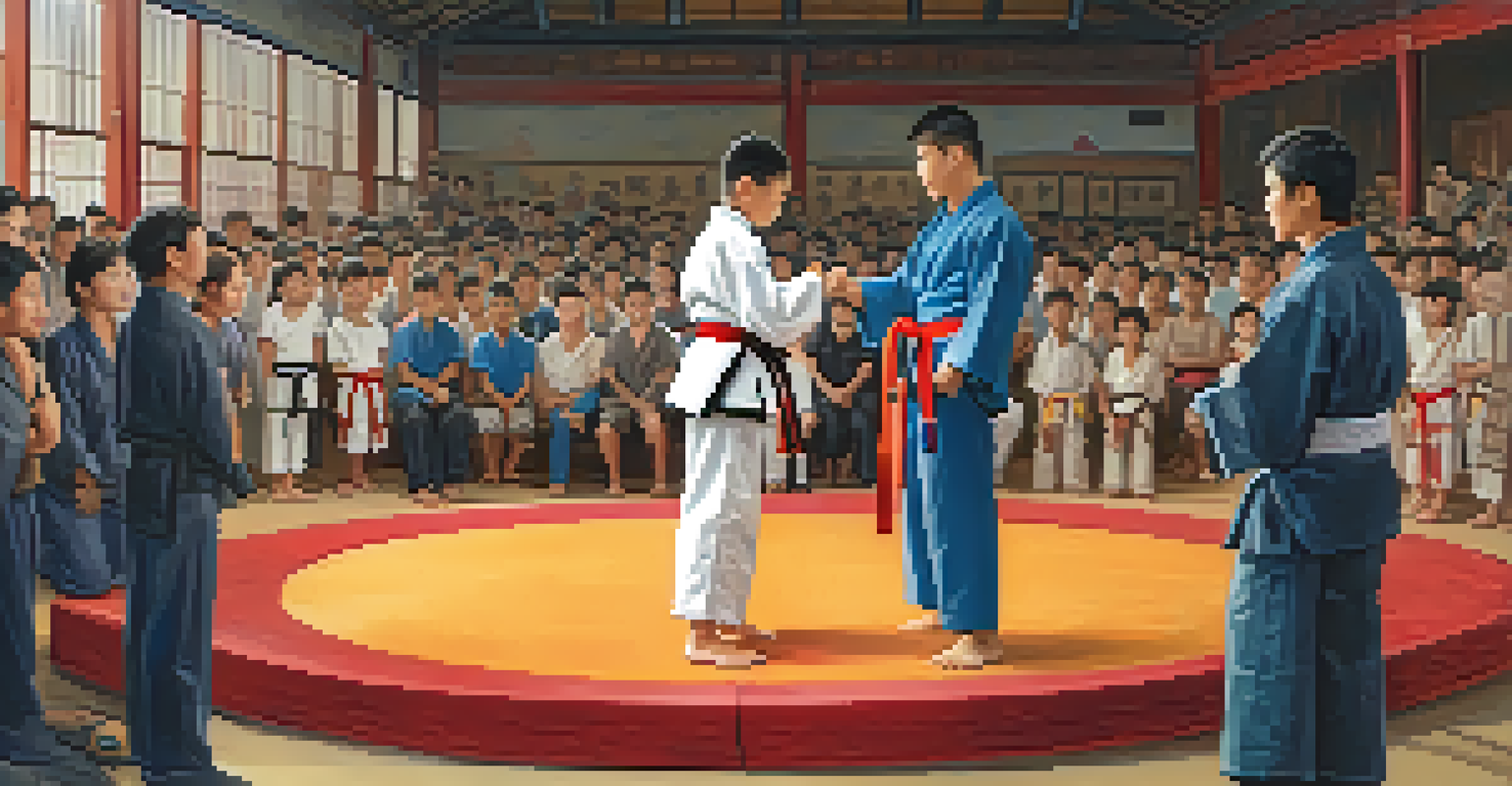 A young martial artist celebrating a belt promotion in front of supportive family and instructors, showcasing a moment of achievement.