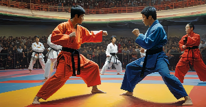 A martial arts competition featuring diverse practitioners sparring in an arena with spectators watching.