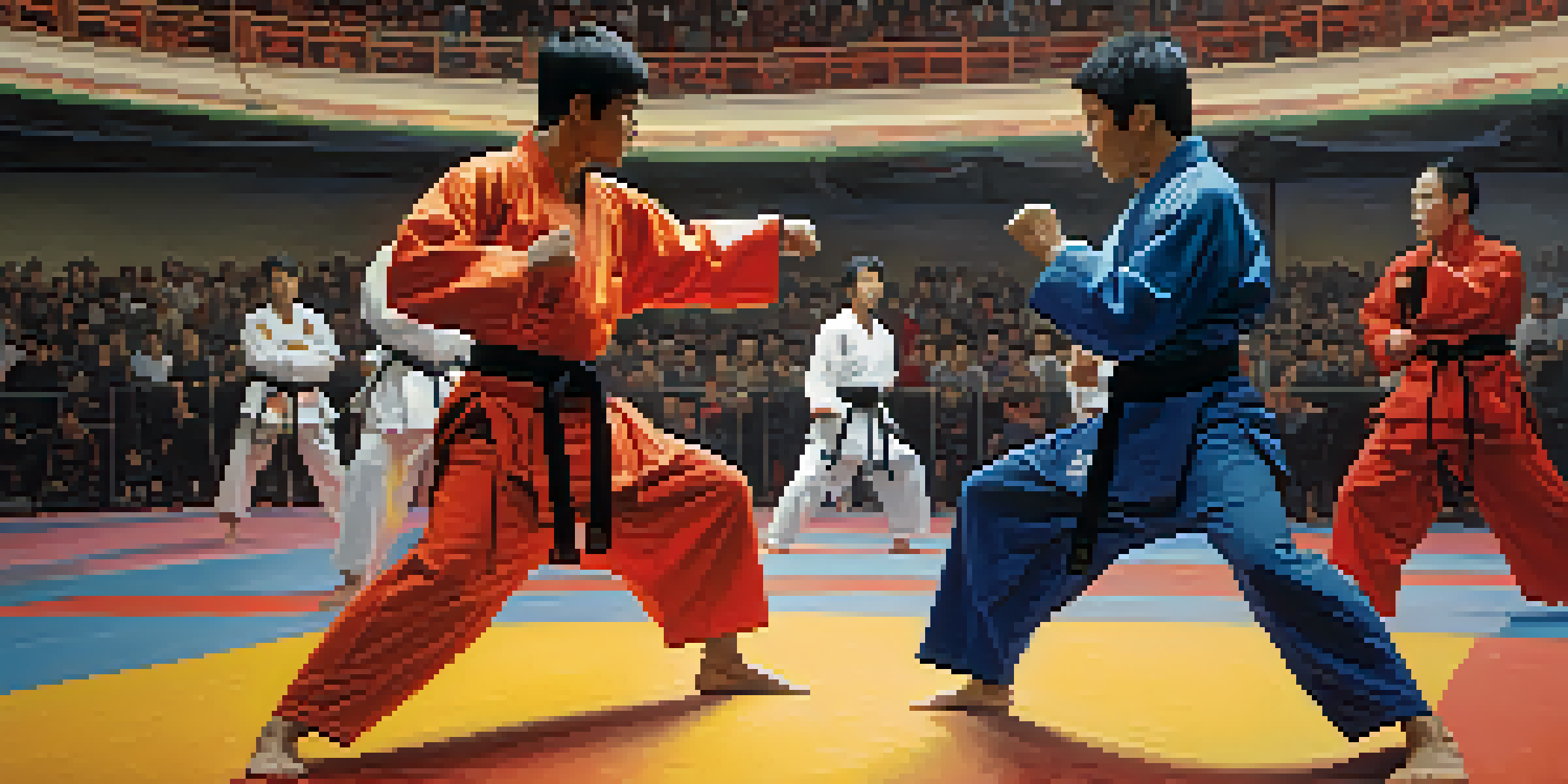 A martial arts competition featuring diverse practitioners sparring in an arena with spectators watching.