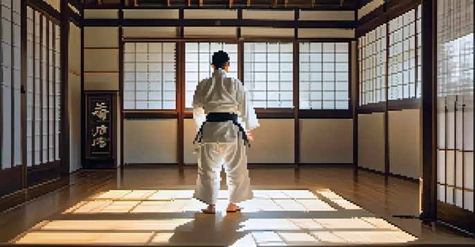 A martial artist in a white gi bows in a traditional dojo with wooden floors and Japanese decor, illuminated by soft sunlight.