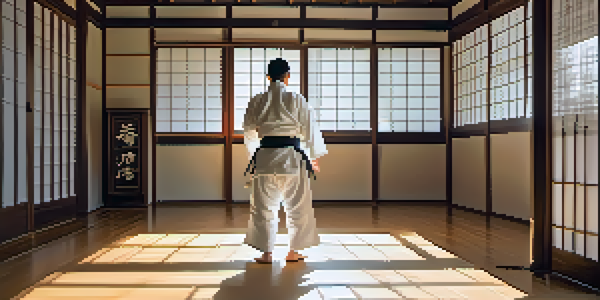 A martial artist in a white gi bows in a traditional dojo with wooden floors and Japanese decor, illuminated by soft sunlight.