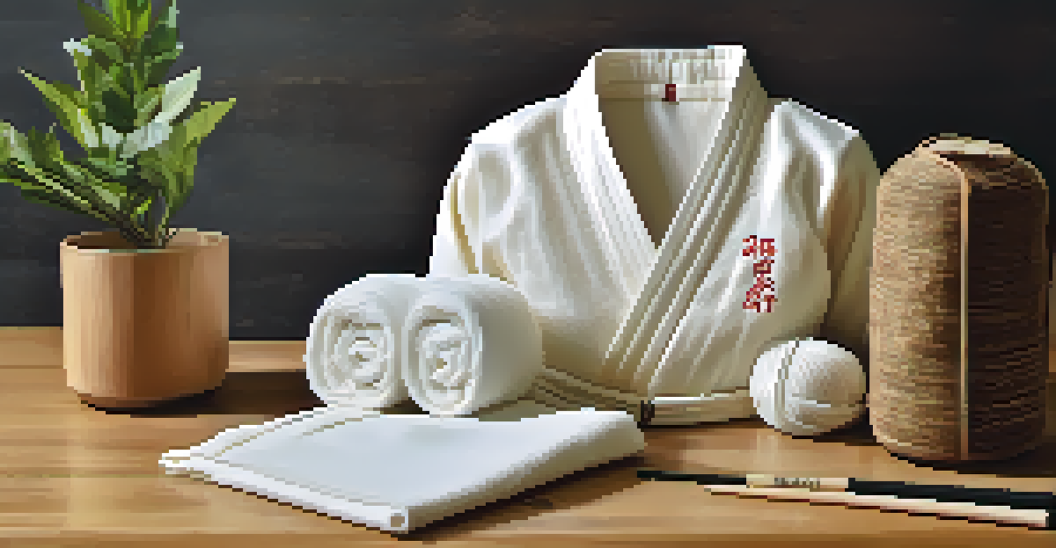 Eco-friendly martial arts uniforms made from organic cotton displayed on wood, with a plant and cleaning products emphasizing sustainability.