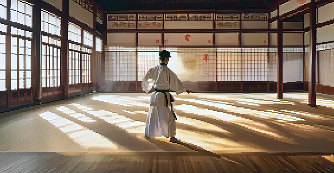 A tranquil martial arts dojo at sunrise, with a practitioner performing tai chi in a white uniform, surrounded by wooden decor and soft sunlight.