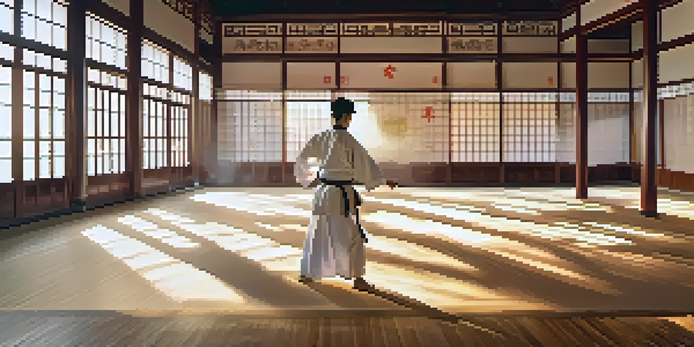A tranquil martial arts dojo at sunrise, with a practitioner performing tai chi in a white uniform, surrounded by wooden decor and soft sunlight.
