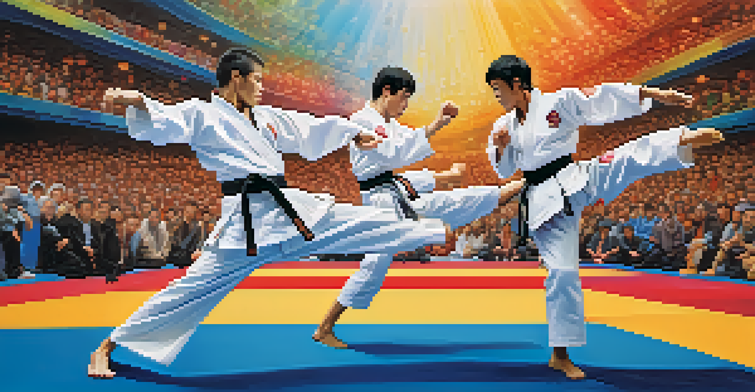 Two martial artists sparring on a colorful mat, one performing a high kick while the other blocks.