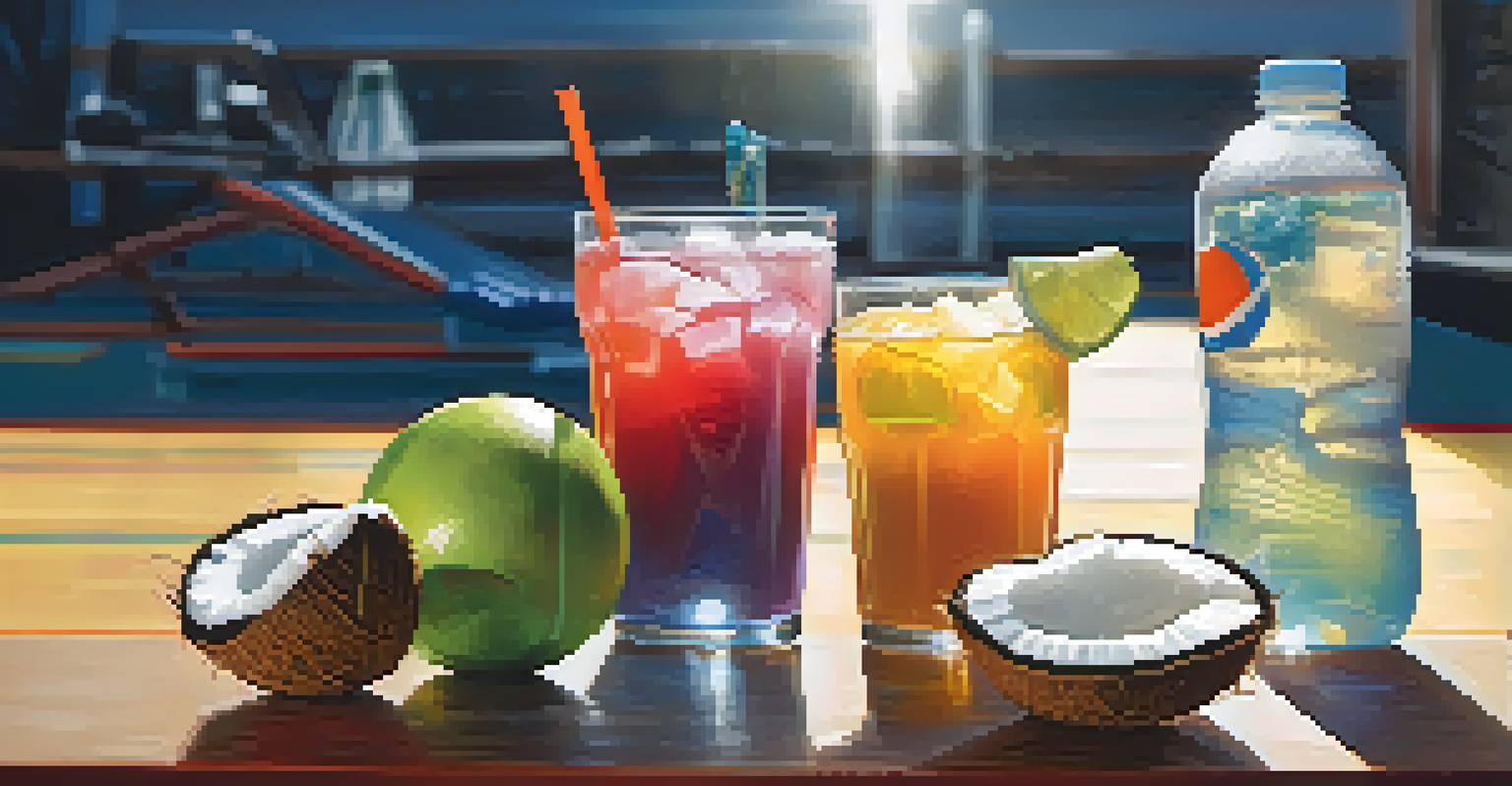 A variety of hydration options for athletes, including water, sports drink, and coconut, displayed on a gym bench.