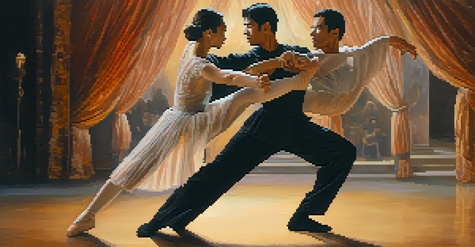 Two actors in a physical theater performance, one lifting the other in a dramatic pose, surrounded by soft lighting and abstract stage elements.
