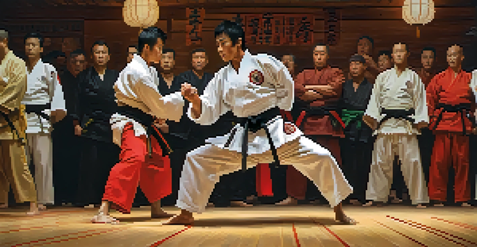 Two martial artists sparring in a traditional dojo with spectators in the background.