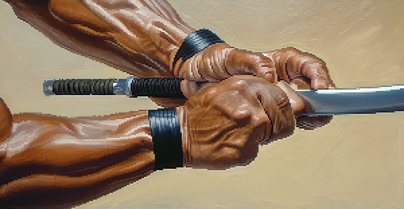 Close-up of a martial artist's hands gripping a training weapon, highlighting their calloused palms and determined expression in warm light.