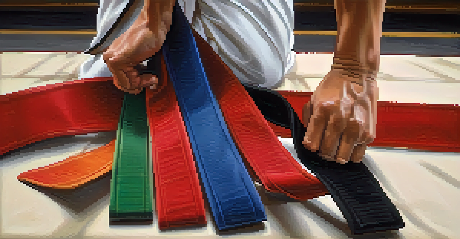 Close-up of a martial artist's hand tightening a colored belt, symbolizing progress and dedication.
