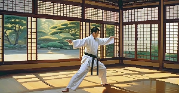 A martial arts practitioner performing Tai Chi in a peaceful dojo, illuminated by soft morning light.