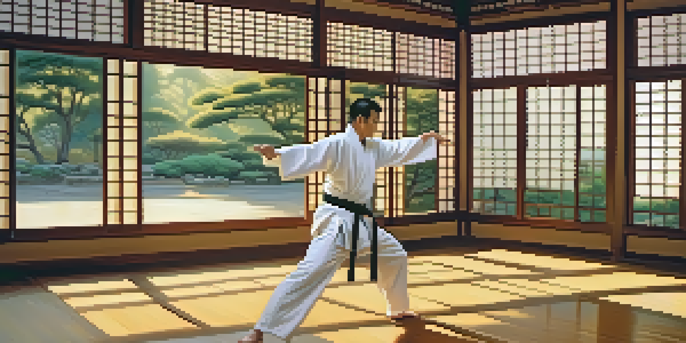 A martial arts practitioner performing Tai Chi in a peaceful dojo, illuminated by soft morning light.