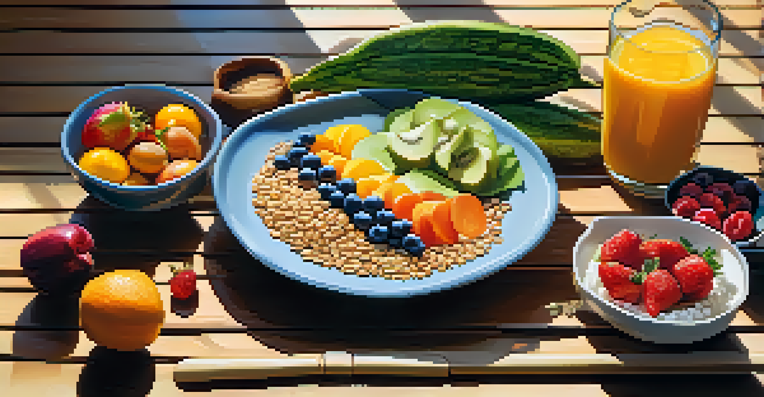 A plate of healthy foods including whole grains, fruits, and proteins, arranged on a wooden table with sunlight illuminating the scene.