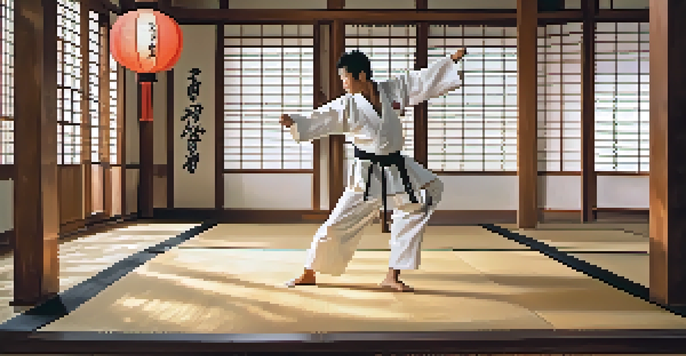 A martial artist executing a high kick in a traditional dojo, with sunlight illuminating the space and wooden beams overhead.