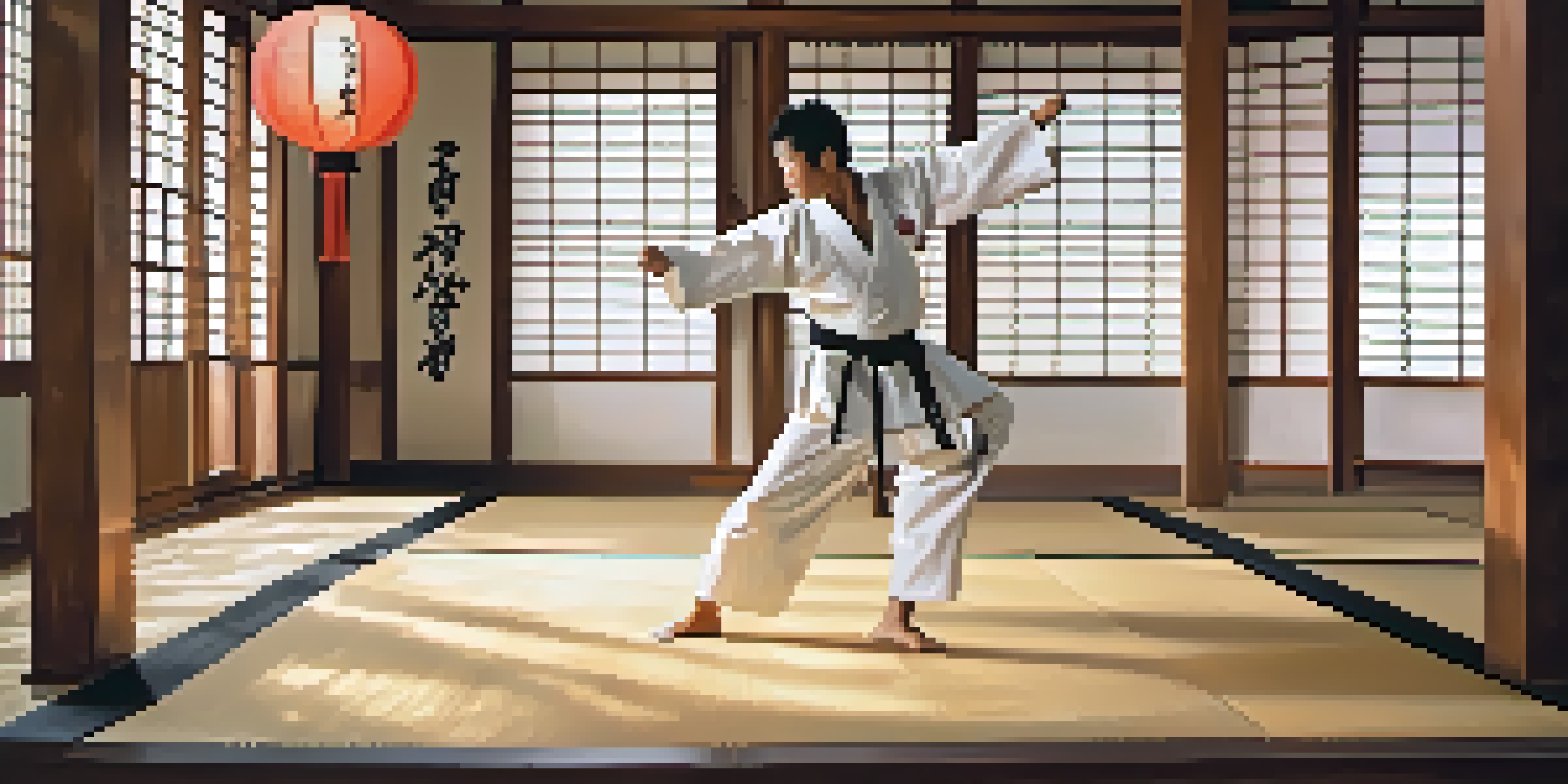 A martial artist executing a high kick in a traditional dojo, with sunlight illuminating the space and wooden beams overhead.