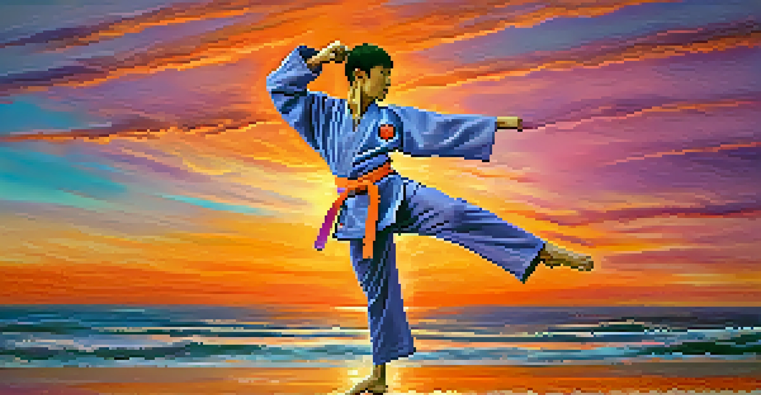 A young martial artist executing a high kick at sunset, capturing their focused expression and the colorful sky.