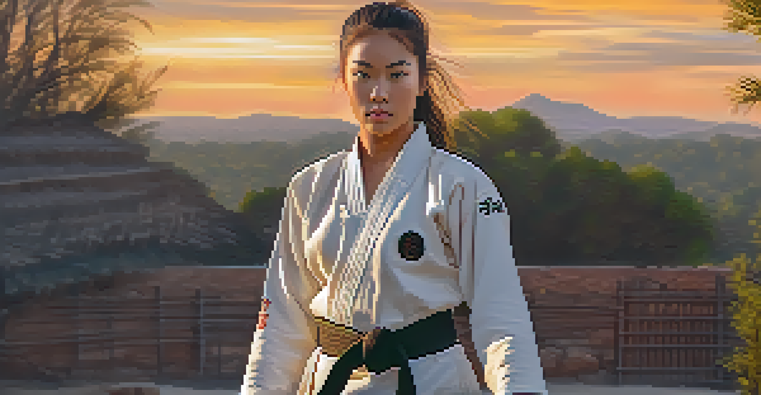 A confident female martial artist in a black belt standing outdoors at sunset, symbolizing strength and empowerment.