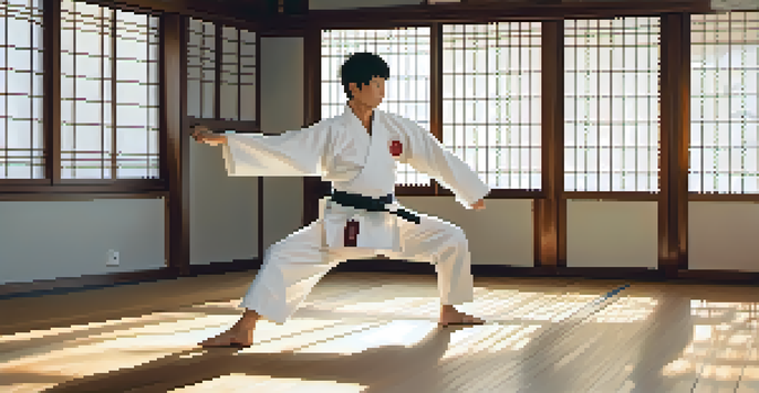A martial artist in a white gi performing a high kick in a dojo filled with natural light.