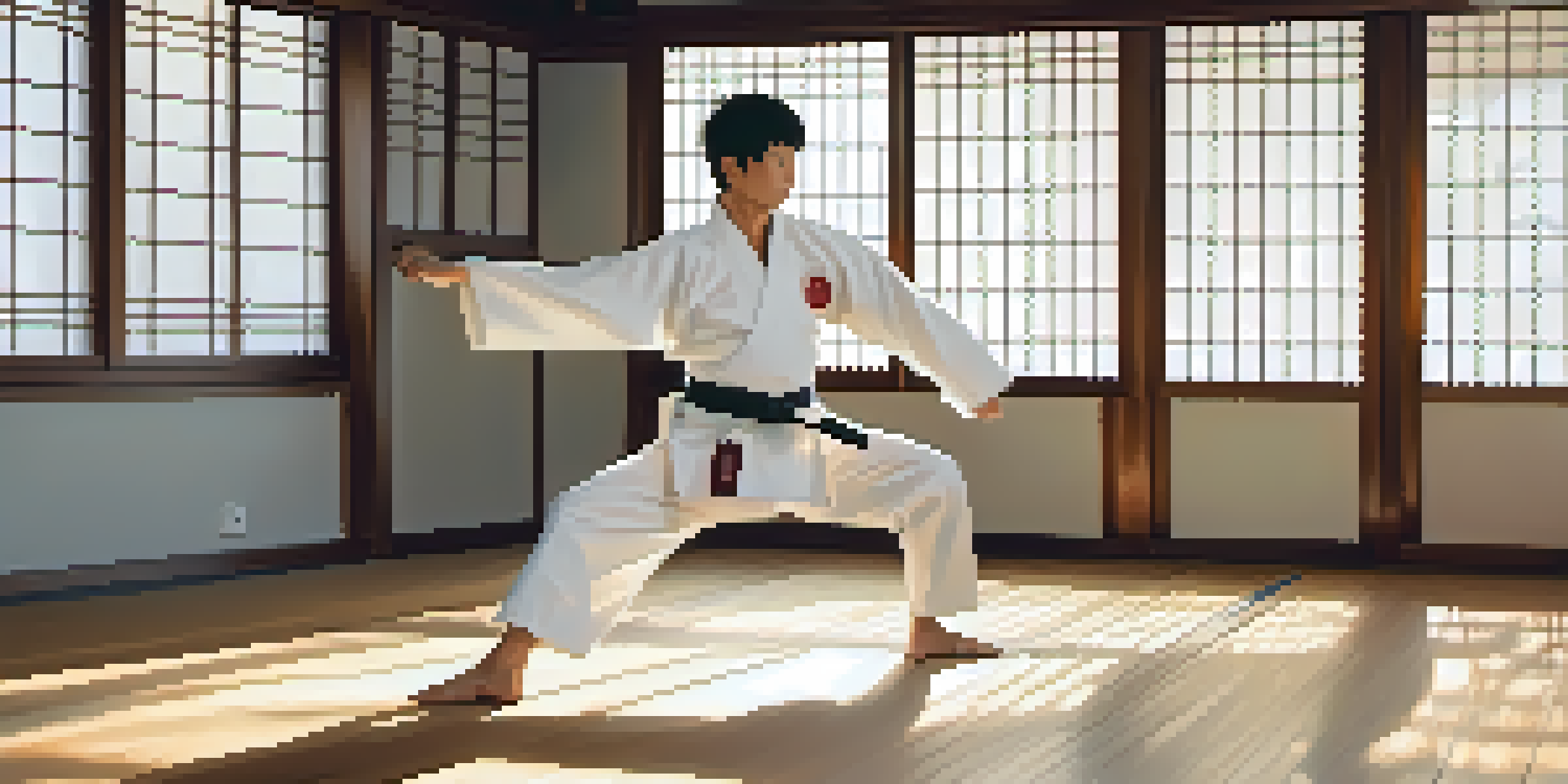 A martial artist in a white gi performing a high kick in a dojo filled with natural light.