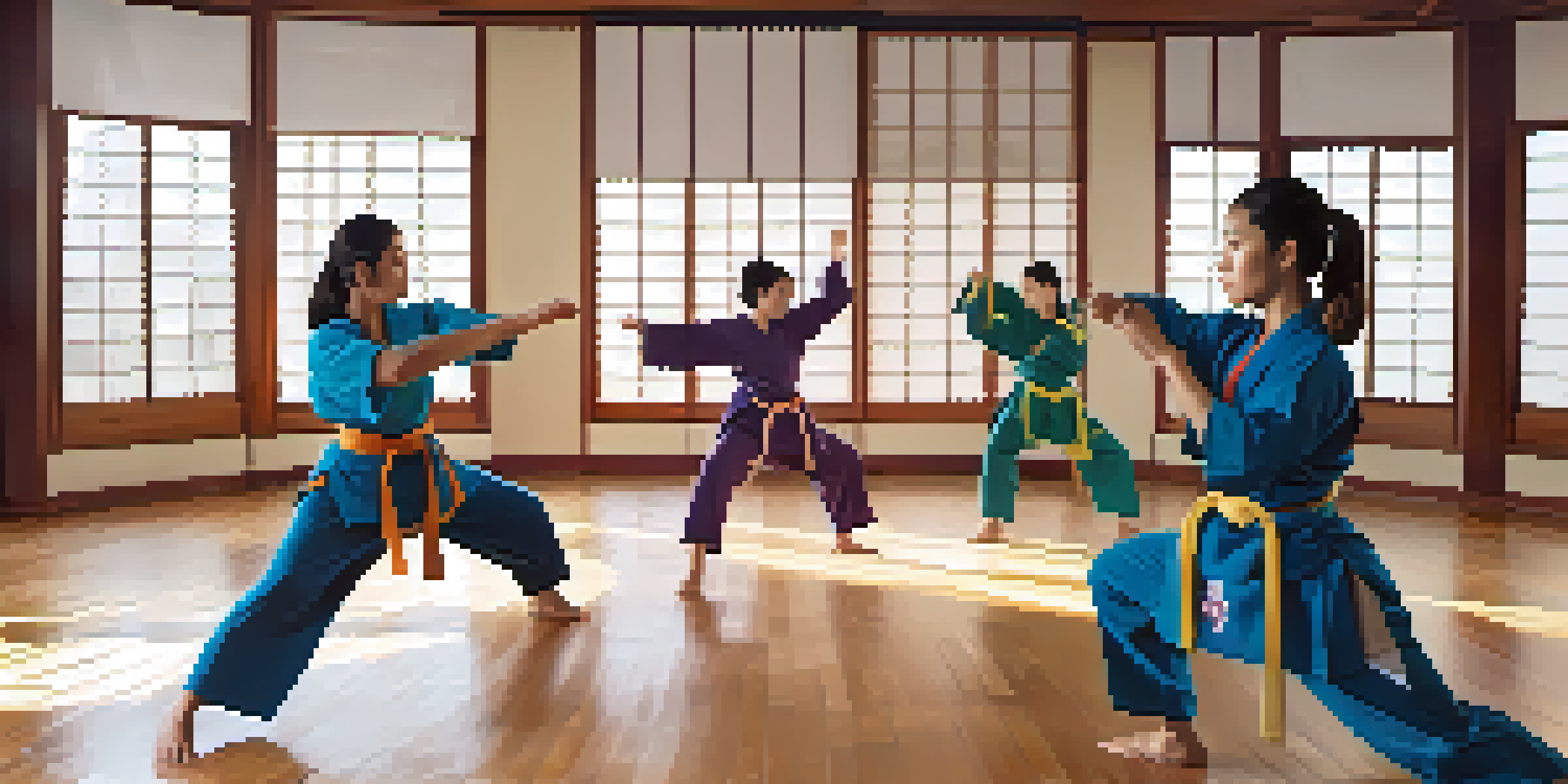 A group of diverse women engaged in martial arts training in a dojo, highlighting their focused expressions and colorful uniforms.