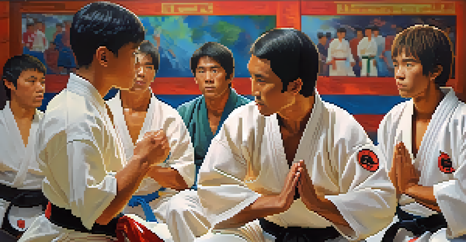 A group of martial artists gathered in a circle, discussing techniques and sharing experiences after a training session.
