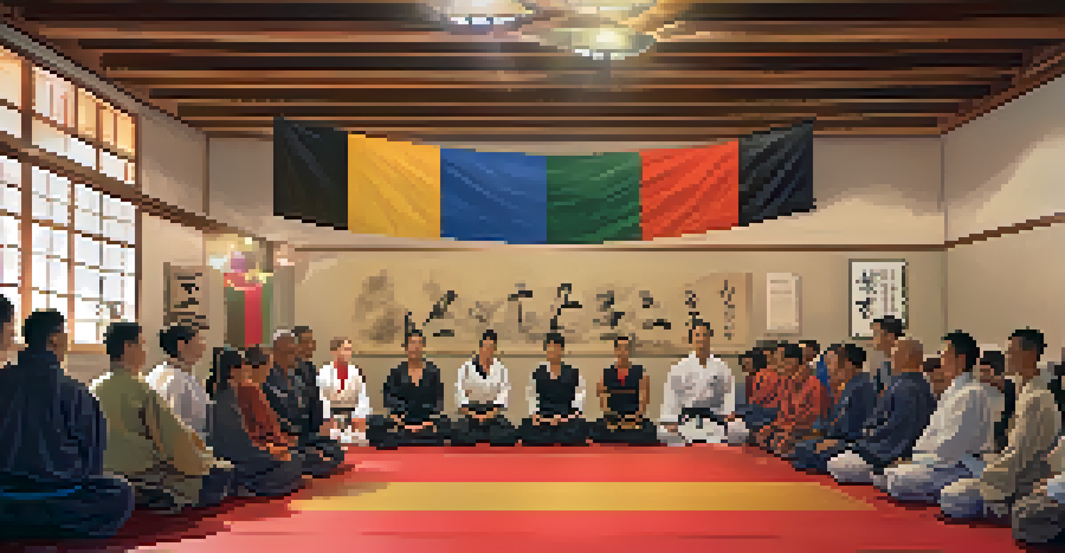 A community gathering in a martial arts dojo with practitioners sharing experiences, featuring warm lighting and banners celebrating diversity.