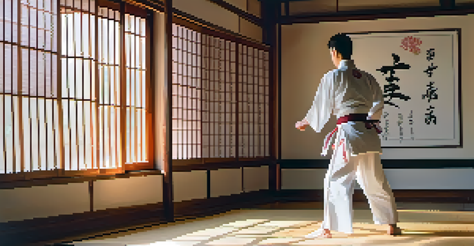 A martial artist performing a kata in a peaceful dojo with cherry blossoms outside.